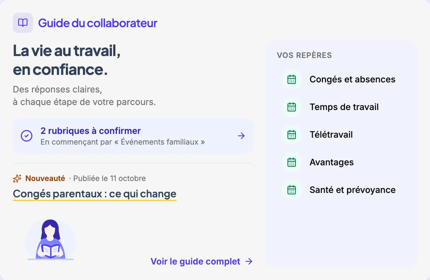 La carte Guide du collaborateur sur l'accueil d'Akrono : deux rubriques à confirmer, la dernière nouveauté publiée, vos repères