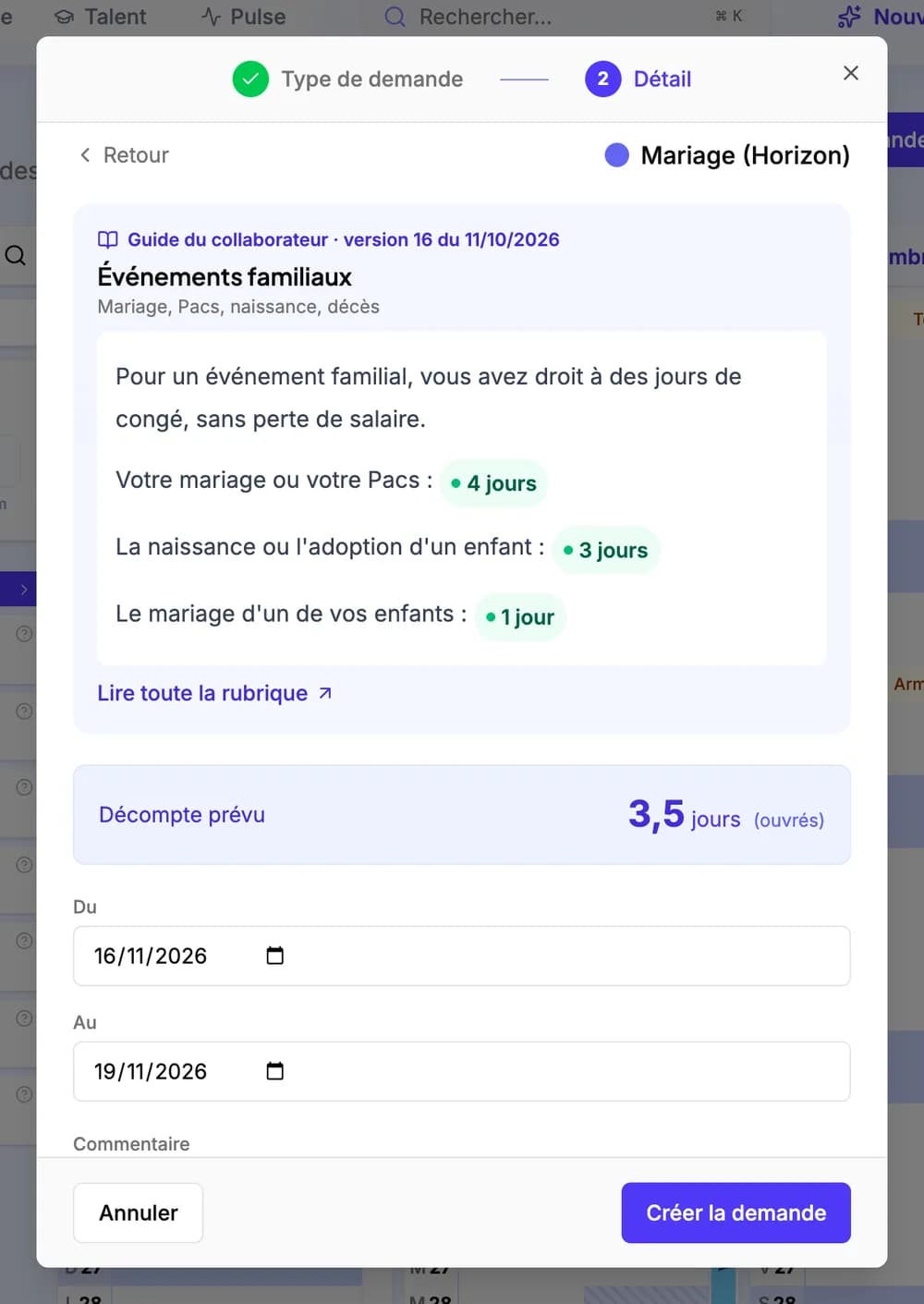 La fenêtre Nouvelle absence : la rubrique Événements familiaux s'affiche au-dessus des dates, avec les jours accordés